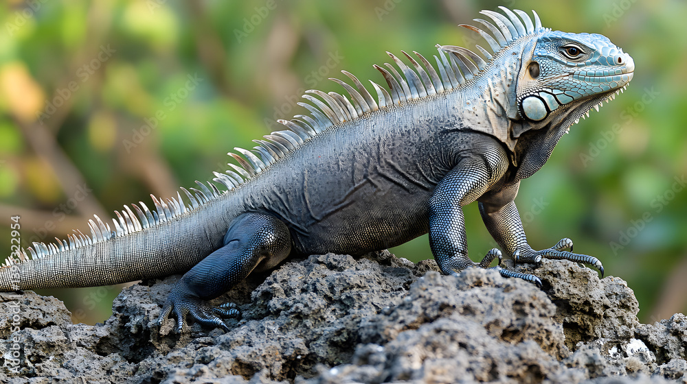 Magnificent reptile basking in the sun, displaying its unique coloration and spiky dorsal crest, against a lush backdrop. A true spectacle of nature's artistry. Magnificent reptile basking in the sun, displaying its unique coloration and spiky dorsal crest, against a lush backdrop. A true spectacle of nature's artistry.