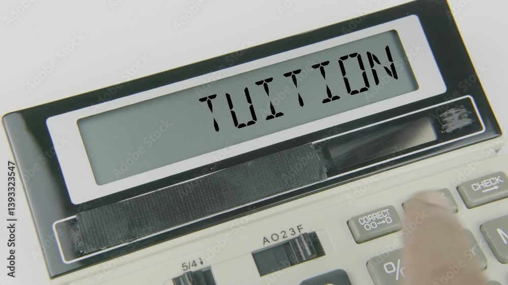 Tuition text displayed on a calculator’s LED screen as a hand types numbers, symbolizing the cost of education, budgeting for school or college fees, and financial planning for academic expenses