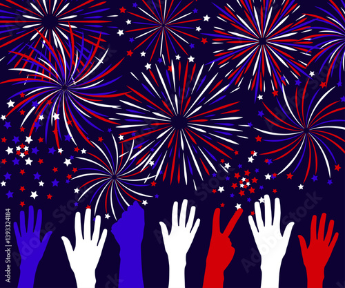 Horizontal banner with fireworks and hands raised up - background for festive design for US Independence Day