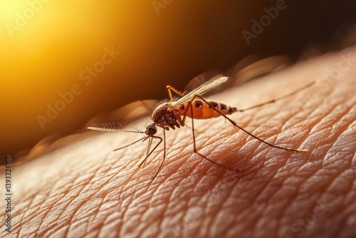 Close-up of a mosquito feeding on human skin.