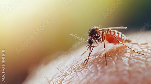 Close-up of a mosquito feeding on human skin.