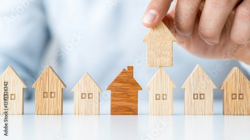 Miniature houses arranged with a hand placing a distinctive house on top.