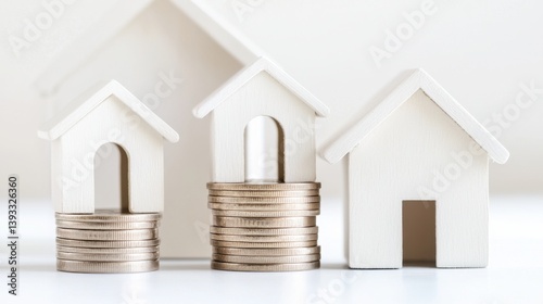 Miniature houses with stacked coins representing savings or investments.