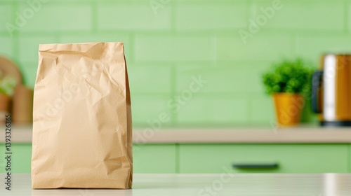 Brown paper bag on a kitchen countertop with green backdrop.
