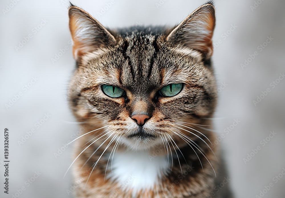 Imposing portrait of a tabby cat with bright green eyes and a powerful yet serene expression set against a blurred background : Generative AI Imposing portrait of a tabby cat with bright green eyes and a powerful yet serene expression set against a blurred background : Generative AI