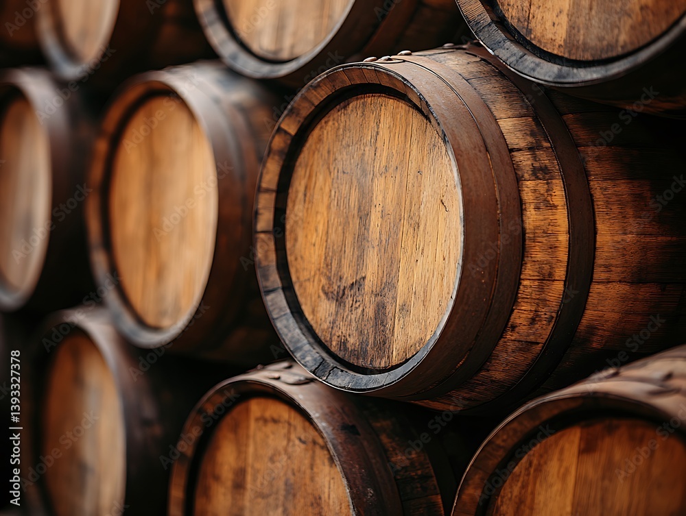 Wooden barrels stacked in a storage area show aging processes Wooden barrels stacked in a storage area show aging processes