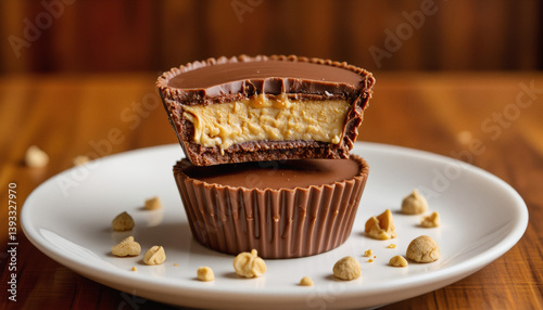 Vivid design food and beverage advertisement: A halved Reeses Peanut Butter Cup reveals its layers of chocolate, peanut butter, and wafer, artfully displayed on a white plate surrounded by scattere
