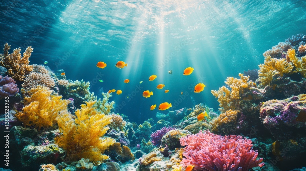 Naklejka premium Vibrant underwater scene with colorful coral reef and fish illuminated by sunbeams.