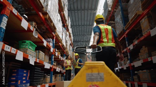 Warehouse workers are pulling carts to move boxes of merchandise to be arranged on shelves in a warehouse.