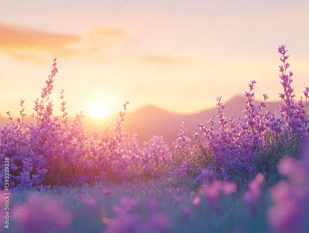 Naklejka premium Beautiful purple lavender field during the setting of the sun