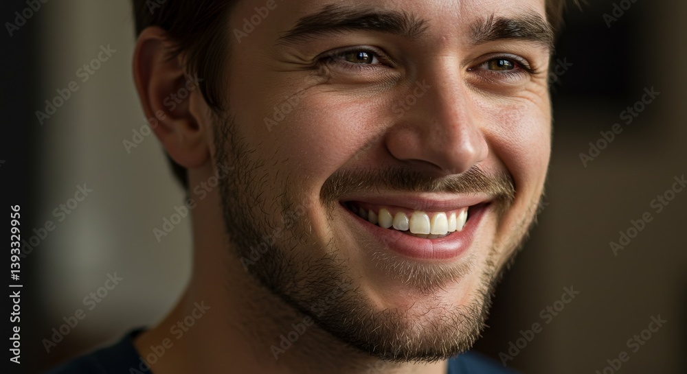 Obraz premium Young Man Smiling Close Up Portrait - A joyful young male with a beard and short hair, expressing happiness and confidence. Symbolizing positivity, youth, success, well-being, and optimism