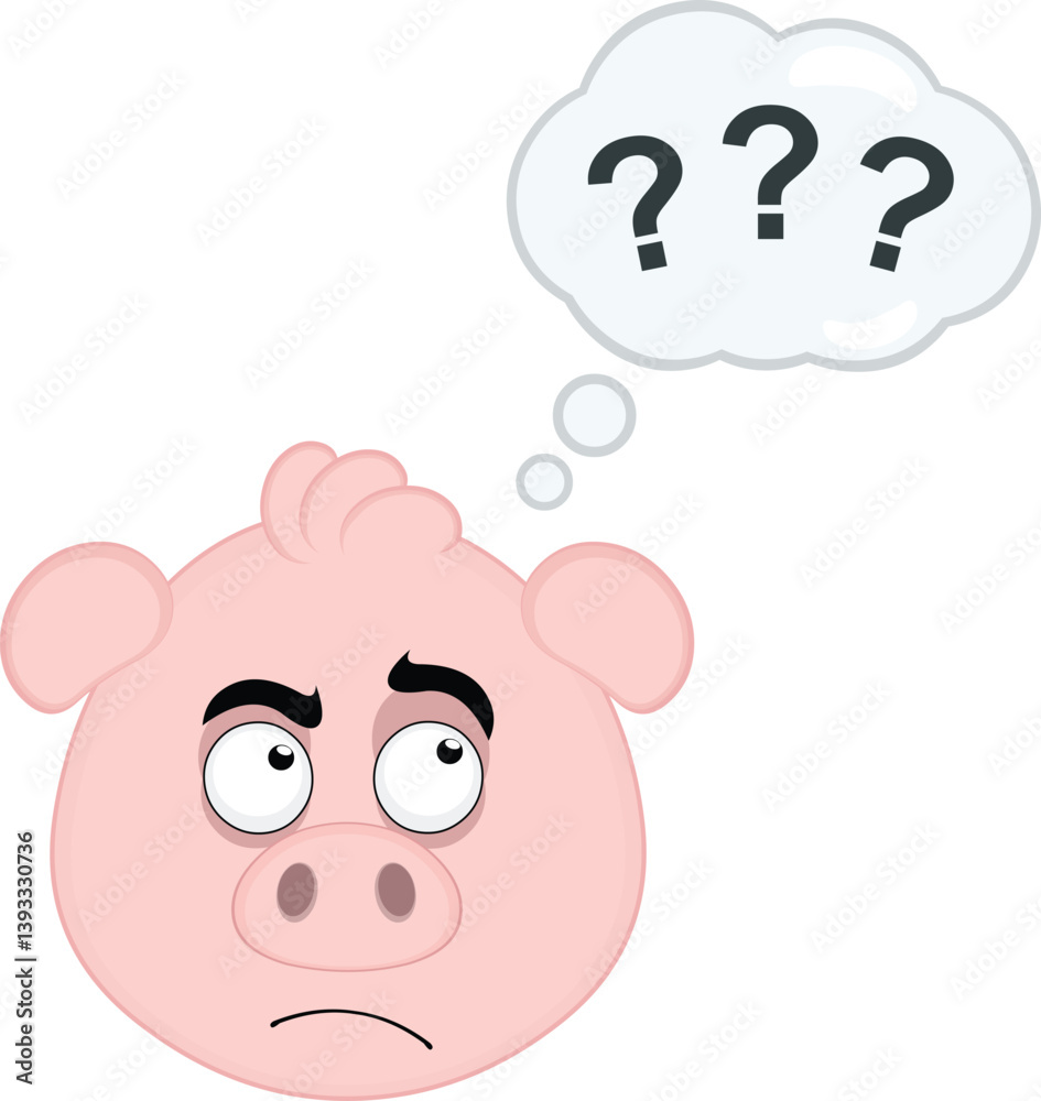 Fototapeta premium vector illustration emoji character face pig cartoon, with a doubtful or thinking expression and a thought cloud with question marks