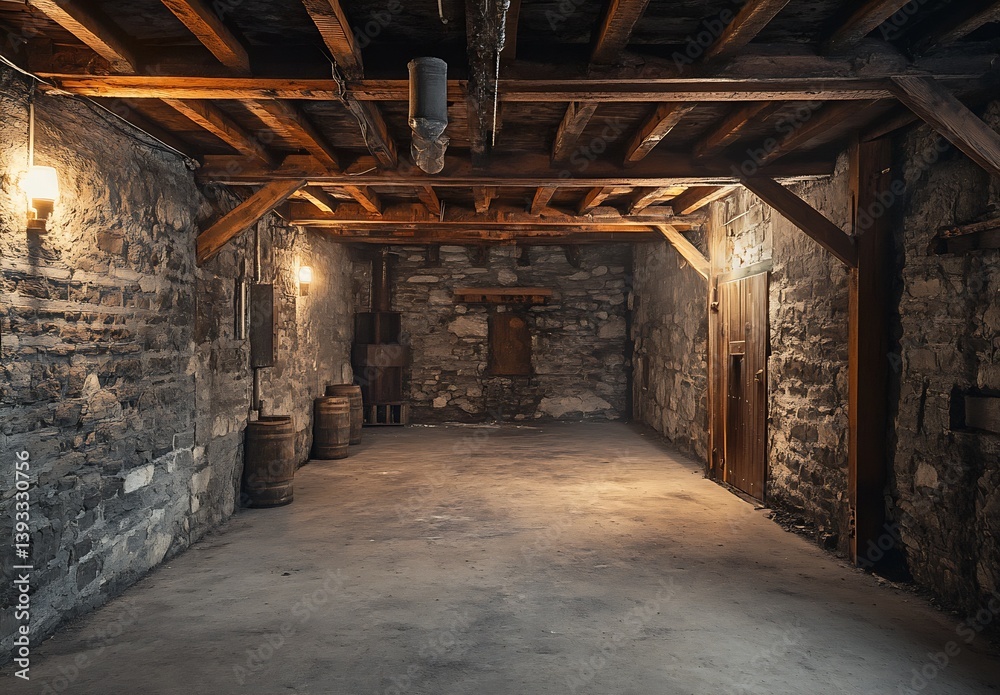 Rustic Basement Interior with Wood Beams and Barrel Storage for a Chaotic Yet Charming Look : Generative AI Rustic Basement Interior with Wood Beams and Barrel Storage for a Chaotic Yet Charming Look : Generative AI