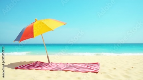 A vibrant beach umbrella casting shade over a striped towel laid on warm sand, with the ocean softly visible in the background. A perfect setup for a relaxing beach day.