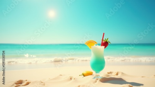 Refreshing tropical cocktail served in a glass with slices of fresh fruit and a straw, placed on a sandy surface with the sparkling blue ocean in the background.
