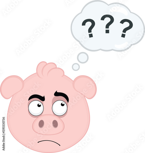 vector illustration emoji character face pig cartoon, with a doubtful or thinking expression and a thought cloud with question marks
