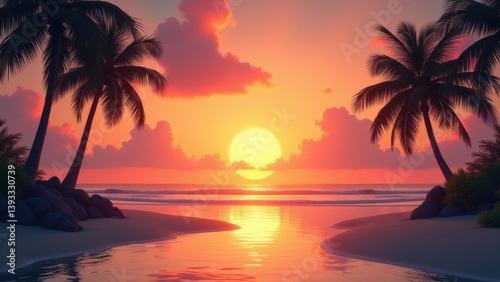 A breathtaking sunset over a tropical beach, with warm orange and pink hues reflecting off the calm water, palm silhouettes in the distance, and soft clouds in the sky.