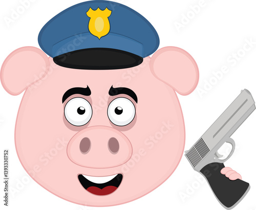 vector illustration emoji character face pig cartoon, with a police hat and gun