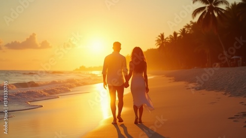 Romantic couple walking along the shoreline of a tropical beach at sunset, holding hands with the warm glow of the setting sun illuminating their path and casting long shadows.