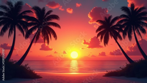 Dark palm tree silhouettes gracefully stand against a vibrant sunset sky on a tropical beach, with warm orange, pink, and purple hues illuminating the scene.