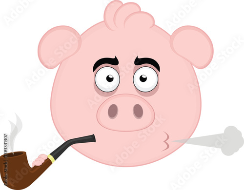vector illustration emoji character face pig cartoon, smoking and exhaling pipe tobacco smoke