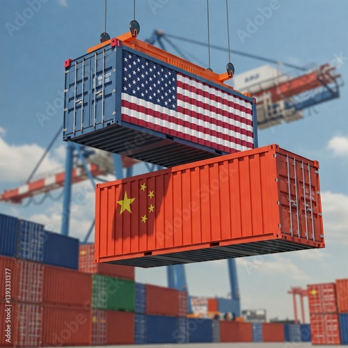 containers with US and China flags almost crushing each other in the sky