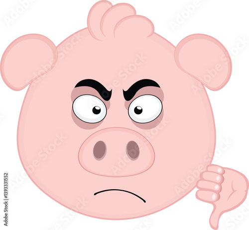vector illustration emoji character face pig cartoon, with thumb pointing down in concept of not approved or no like