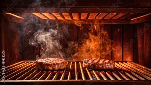 Obraz na płótnie Juicy Grilled Steaks with Smoke and Flames in Traditional Barbecue Cooker w salonie