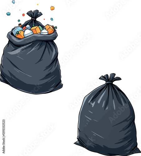 Vsai full and empty garbage bags overflowing with trash and tied up