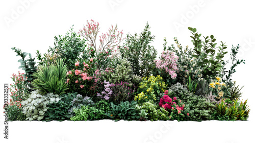 Lush flowerbed with diverse plants and blossoms, cut out transparent