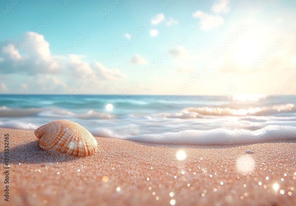 Seashell Beach Sunset Serene Ocean View with Sparkling Sand and Gentle Waves Perfect Summer Escape : Generative AI