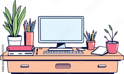 Vsai modern office desk with computer and plants showing comfortable workspace