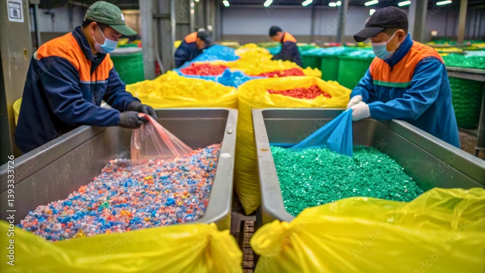 Workers Sorting Colorful Recycled Materials in a Modern Processing Facility