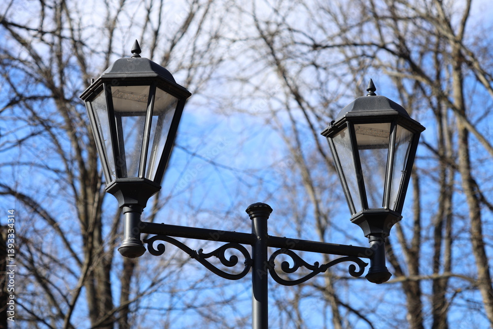Two urban street lamps standing together on a city street.