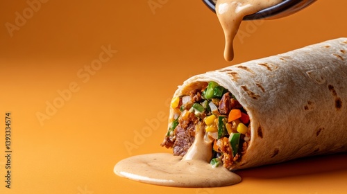 Juicy burrito with creamy sauce, vibrant Mexican cuisine, food indulgence on Cinco de Mayo, delicious Tex-Mex celebration
