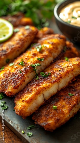 Delicious pan fried fish fillets seasoned with spices and herbs