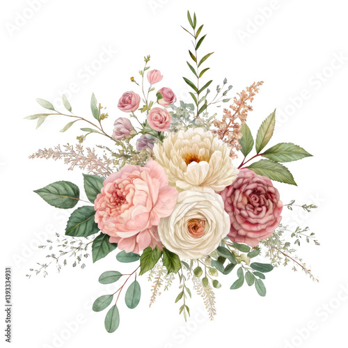 A watercolor floral bouquet with a transparent background featuring pink roses peonies greenery and soft pastel flowers for wedding design and decoration