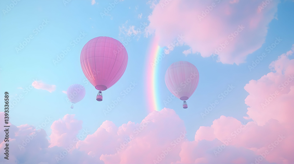 Fototapeta Pink hot air balloons in pastel sky with rainbow