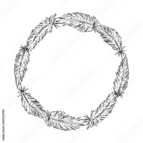 Vector illustration of a simple feather wreath in circular composition. Ideal for tribal-themed party design, wedding invitation templates, bohemian decor, branding projects, and nature-inspired