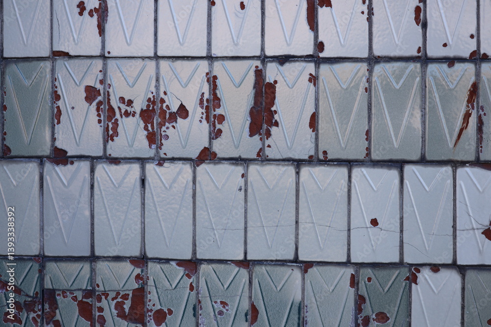 Close-up of a building exterior with peeling paint and weathered appearance.