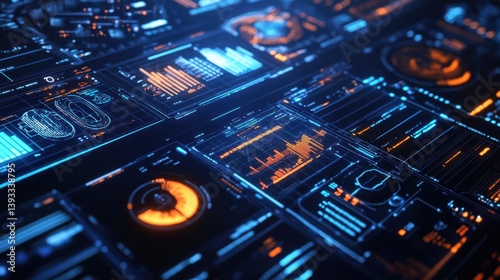 Futuristic Technology Interface Displaying Data, Charts, and Visualizations in Blue and Orange