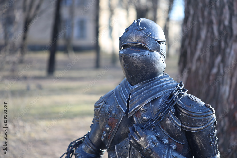 A statue of a knight in armor standing in a public park.