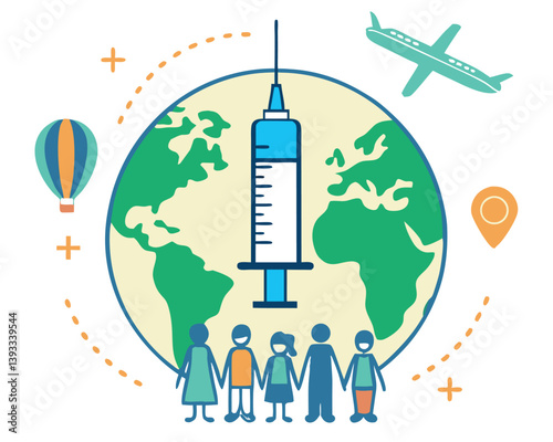 Global Vaccination Campaign: Syringe Over World with Travelers and Transport.
