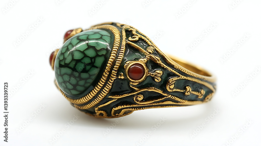 Fototapeta premium Ornate Green Stone Ring on White Background