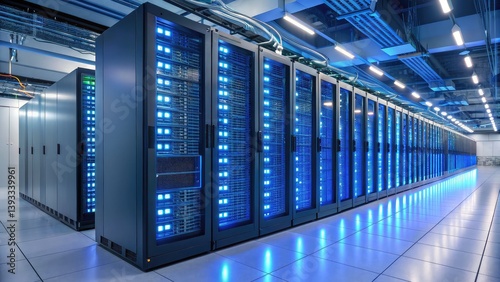 cloud computing solutions infrastructure hybrid. Data center filled with server racks, illuminated by blue lights, showcasing a modern technological environment.
