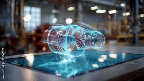 Holographic turbine engine displayed on a digital screen.