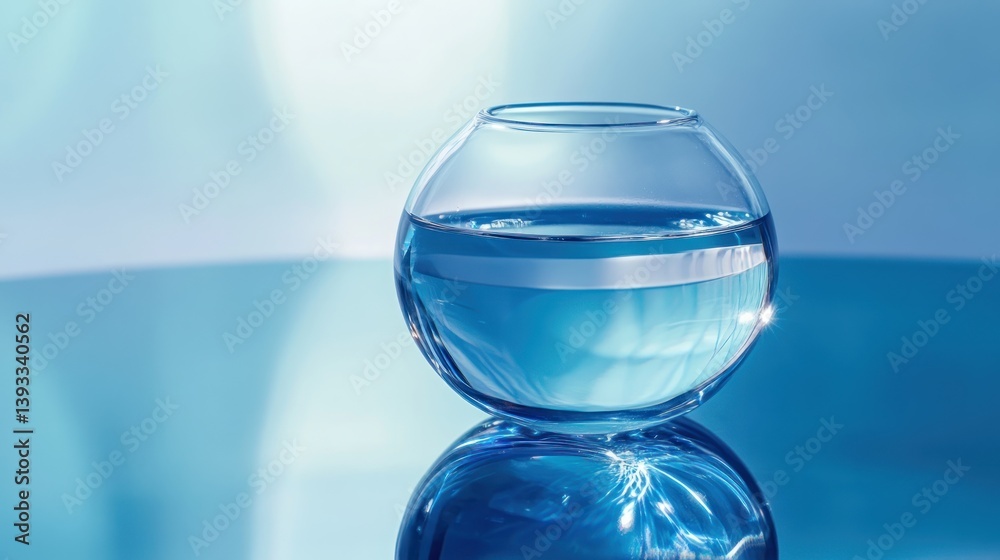 A close-up of a round-bottom flask with clear water, standing on a reflective lab table under blue lighting A close-up of a round-bottom flask with clear water, standing on a reflective lab table under blue lighting
