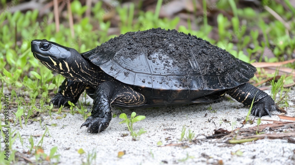 Obraz premium Side view of a turtle mid-stride across a natural grass floor with soil patches