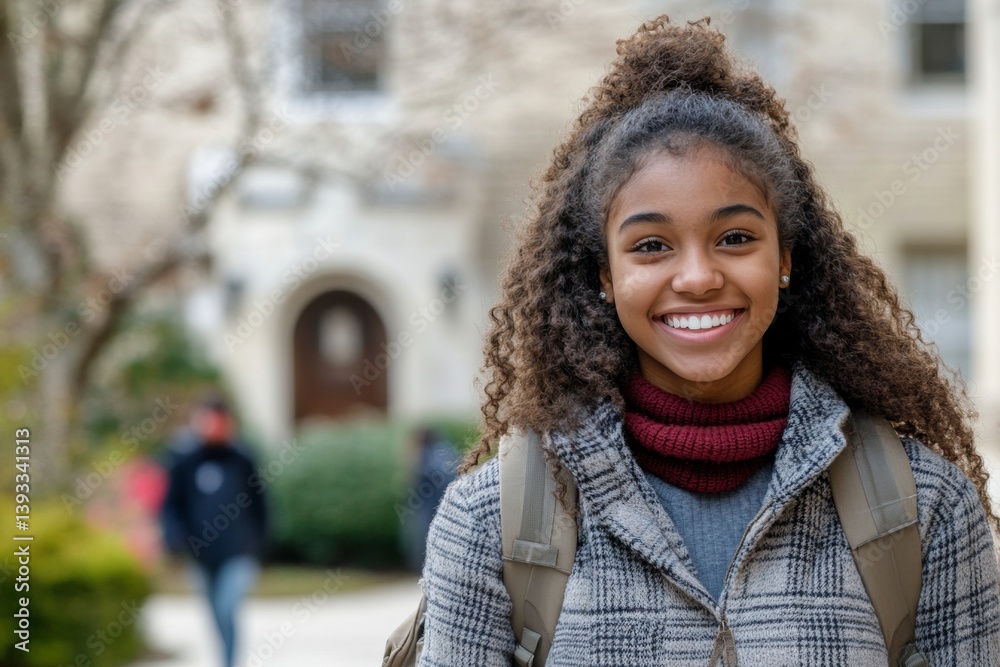 A black student joyfully strolls through a university campus, showcasing her bright smile on a sunny day. The atmosphere reflects enthusiasm for learning and future opportunities in education A black student joyfully strolls through a university campus, showcasing her bright smile on a sunny day. The atmosphere reflects enthusiasm for learning and future opportunities in education