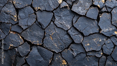 Cracked dark stone wall texture. Glimmers of gold and black hues photo